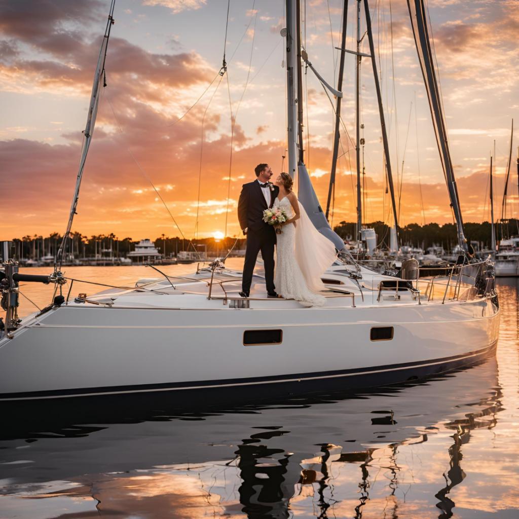 The Ultimate Guide to Setting Your Wedding Date with couple on a boat with a gorgeous sunset Palafox Wharf Waterfront near Pensacola Florida event venue