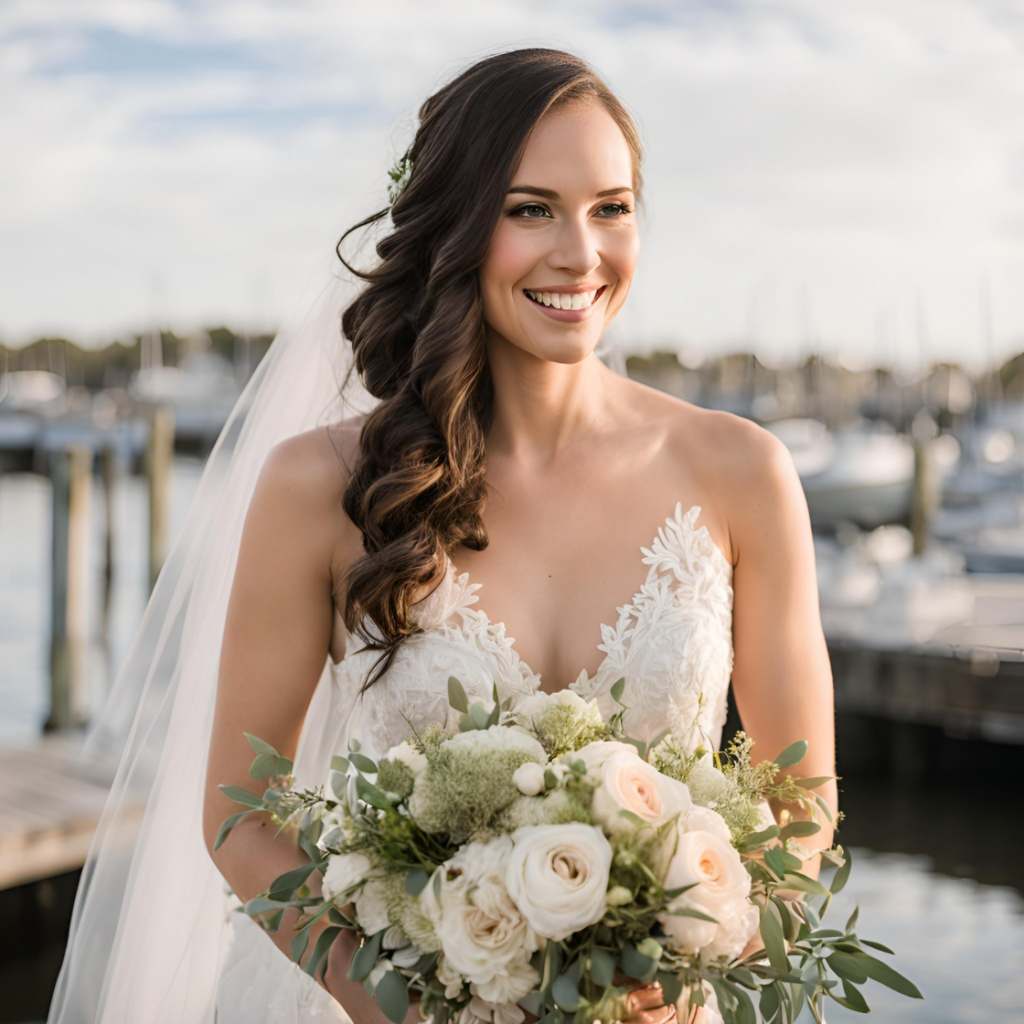 Beautiful Bride with bouquet with waterfront in the background Pensacola Florida