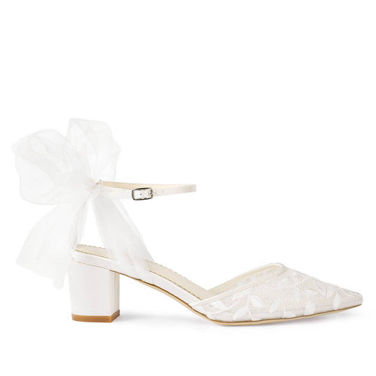 Joelle - Lace Embroidered 2 inch block Heels with Tulle Bow