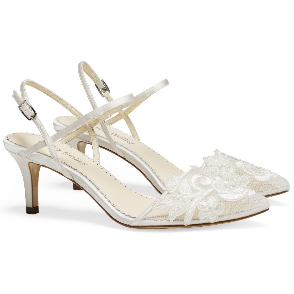 Serena with Lace Slingback Ivory Flower Appliqué Heels near Pensacola Florida's Palafox Wharf Waterfront Venue https://roundbarnfarm.com/