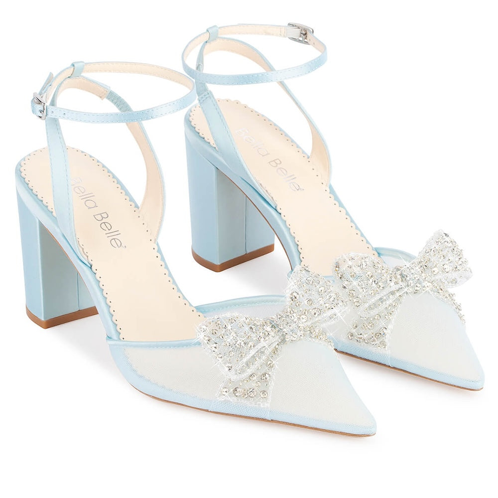 Beautiful Blue Athena Crystal Block Heels with Removable Ankle Strap near Pensacola and Destin wedding event venue https://bellarosa-venue.com/