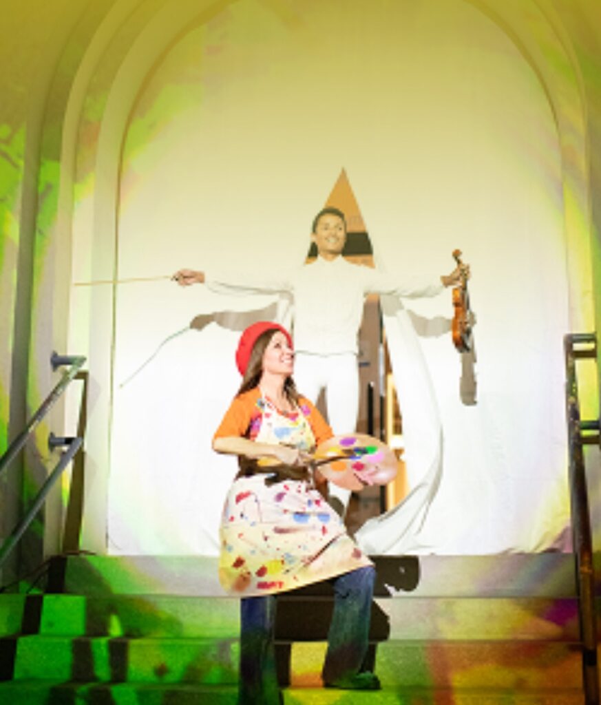 An artist with a palette and brush sits on steps, while a violinist with a triangular backdrop performs, creating a vibrant scene.
