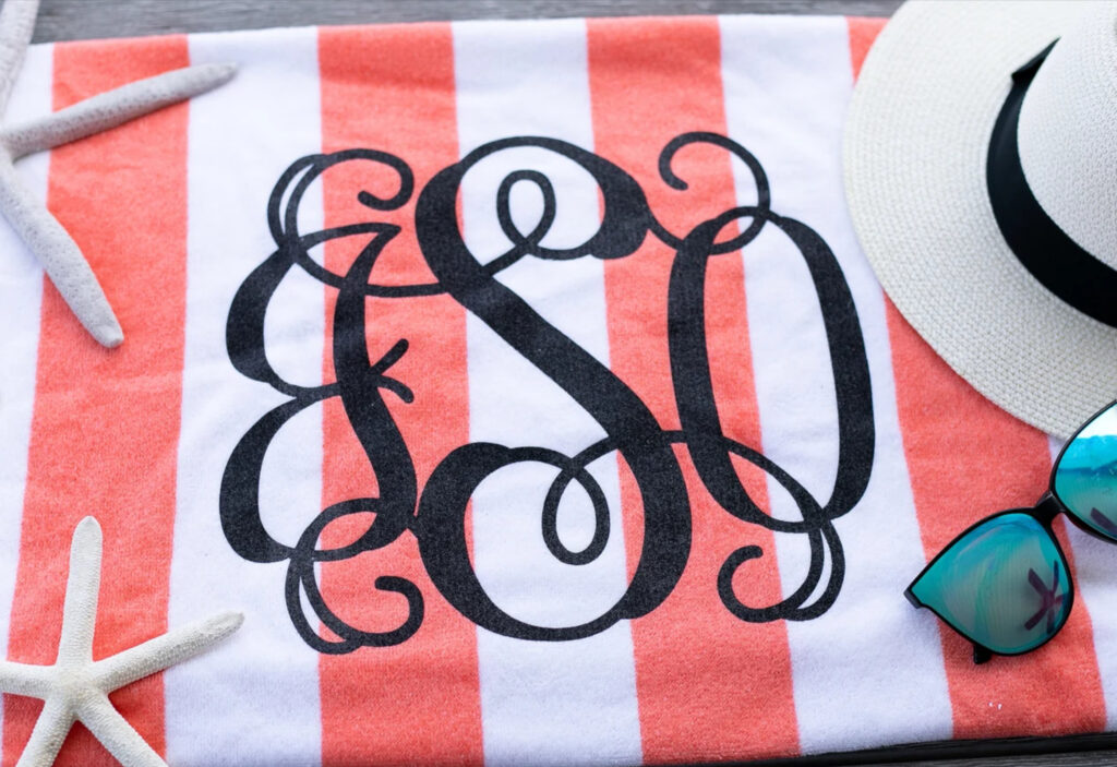 Near Pensacola, Destin, or the greater Southeast Personalized beach towels with monogrammed initials.