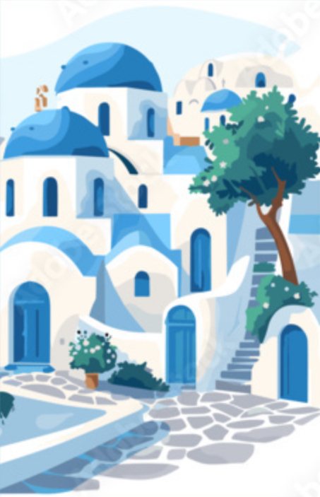 Greece Blue and White with mountain in background Luxury Honeymoon Travel Tips