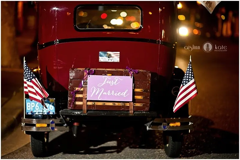 Near Pensacola Near Destin Downtown on the waterfront
Luxury Vintage Burgundy Venue for Palafox Wharf Waterfront's Couple with Just Married Sign