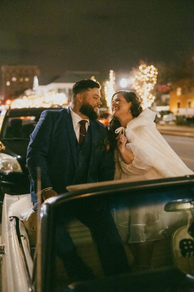 Romantic Wedding ending with a Grand Send Off in a Vintage Mustang Convertible with the romantic tree street lights by Elegant Rides of the Gulf Coast.  What a great way to end this stunning Fall wedding at Palafox Wharf Waterfront