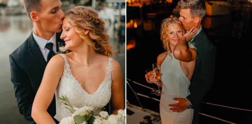 Diane with formal bridal gown on left and changed into her dancing wedding gown continuing the trend into 2025 of changing outfits throughout Wedding Day.  Photo by Juls Drake Photography 