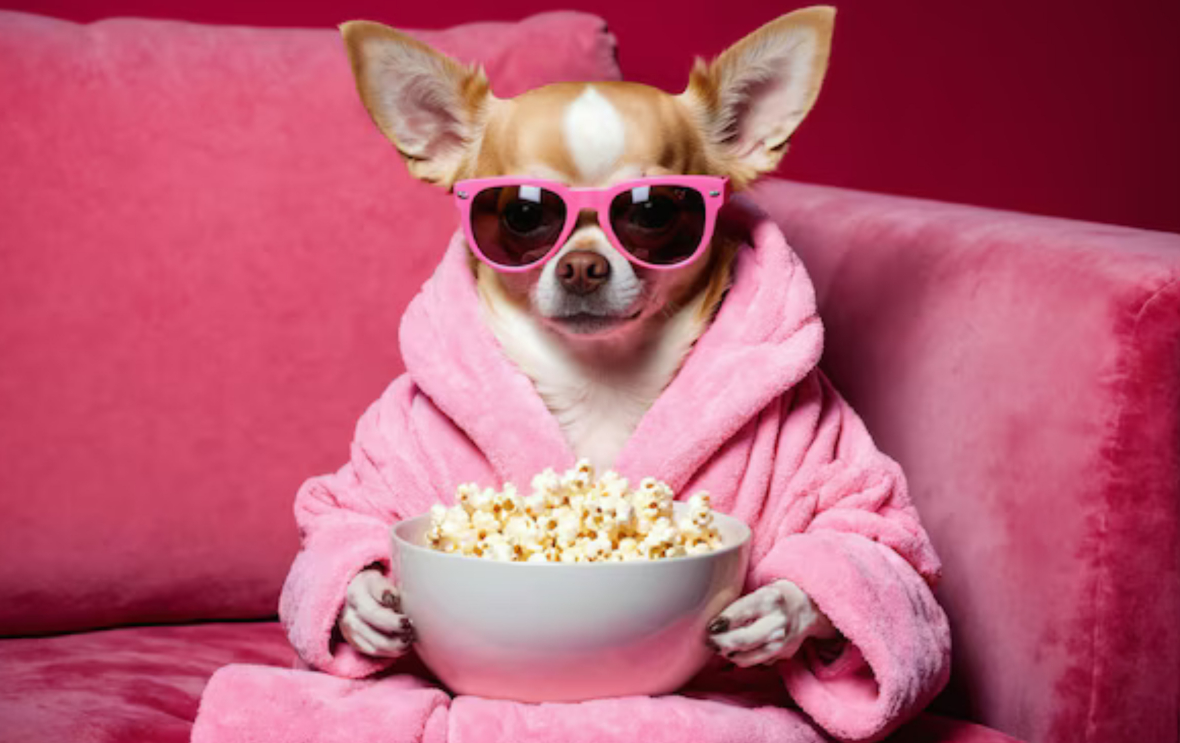 Doggie getting ready to watch a romantic movie with couple who are out of pictures frame. Doggie has popcorn in a pink bathroom and wearing pick sunglasses.