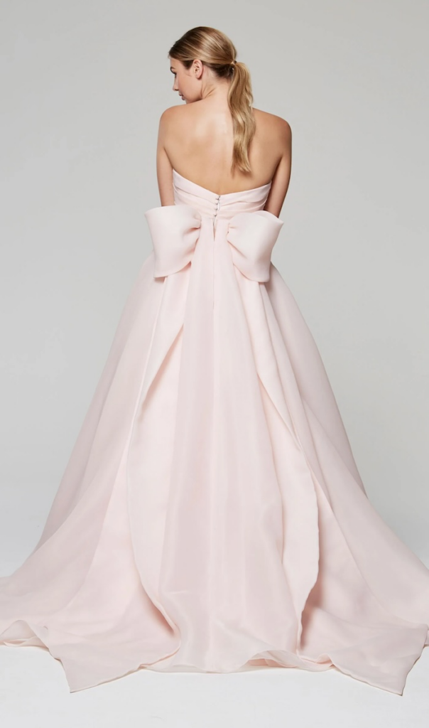 Palafox Street Pensacola Wedding Venue showing a blush bridal gown with a big statement bow on the back of the dress giving the whole outfit a bold yet feminine look.