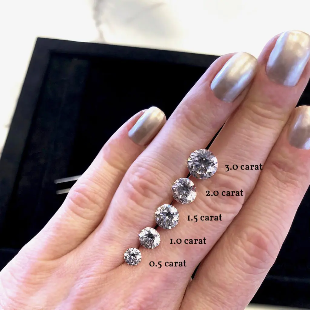 Pensacola wedding venue showing an image of diamond carats on model’s hand with silver nail polish and black background