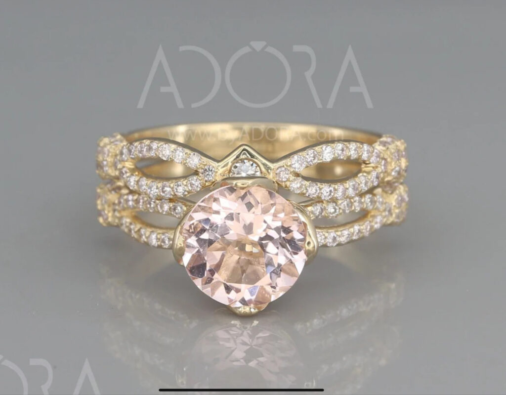 Pensacola Wedding Venue presents Handmade 14K Gold Bridal Rings in Royalty style set with Morganite & Diamonds | Morganite and diamonds bridal wedding rings