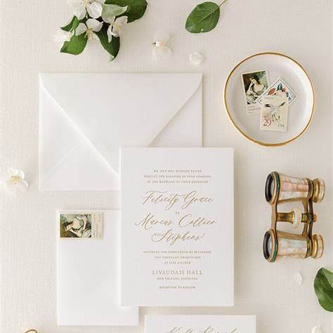 One of the Best Wedding Venues Pensacola Fl is Palafox Wharf Waterfront Wedding Venue showing here a white and gold invitation wedding suite layout with stamps and binoculars, envelopes and green leaves and white flowers