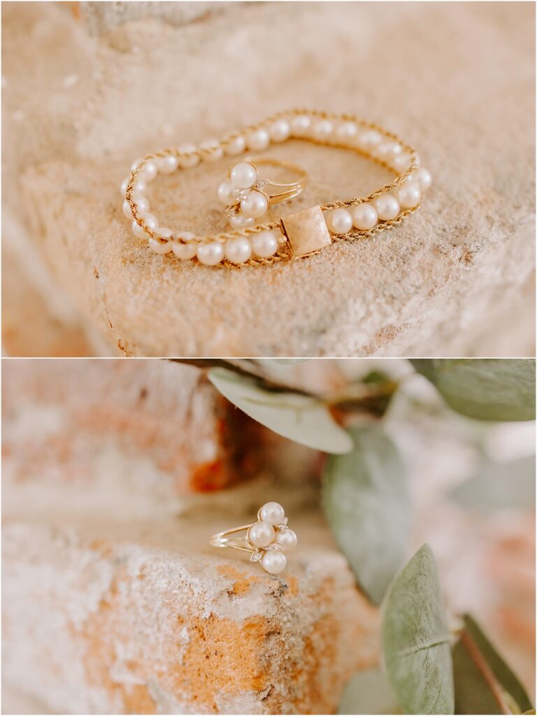 Wedding venues near me in Pensacola Florida is Palafox Wharf Waterfront with a pearl and gold bracelet and ring with earrings and greenery