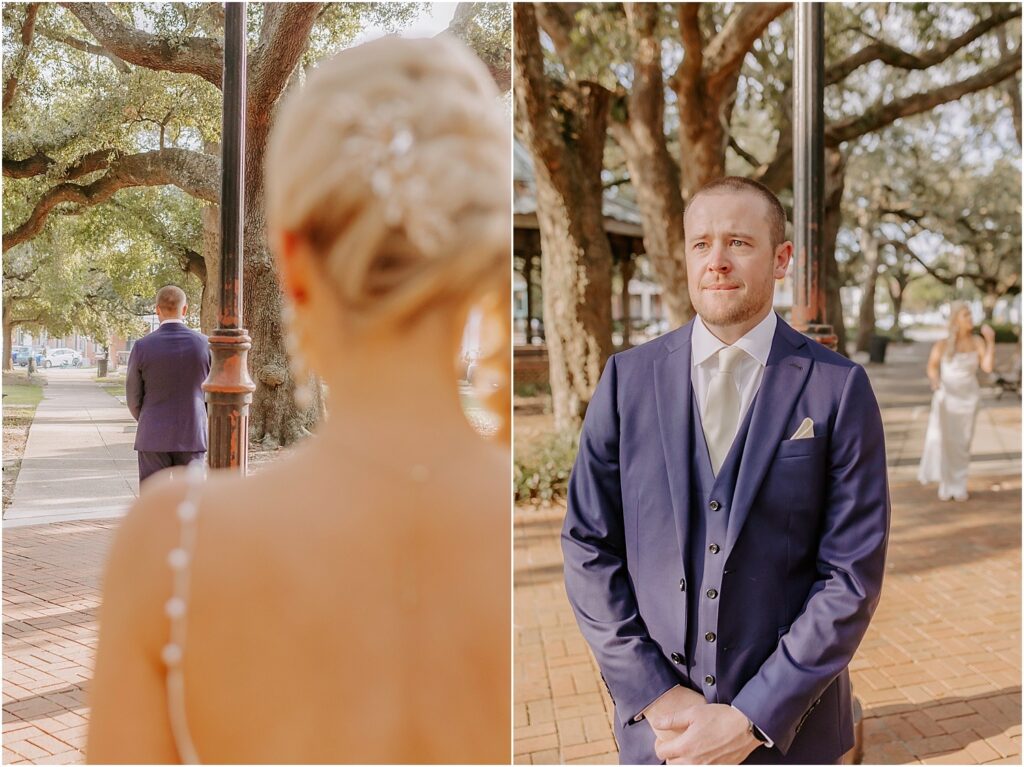 Inexpensive wedding venues near me Is Palafox Wharf Waterfront Wedding Venue in Pensacola FL with first look of bride and groom and she is in pearly wedding dress and groom is in blue suit, white shirt and white tie in Seville Park.