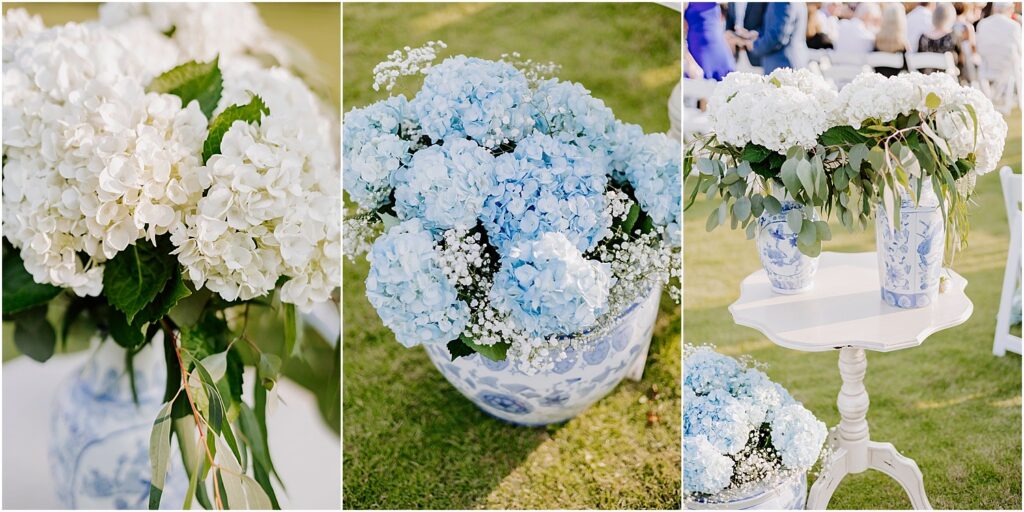 inexpensive wedding venues pensacola, fl Is Palafox Wharf Waterfront Wedding Venue with outdoor florals of blue and white on white table