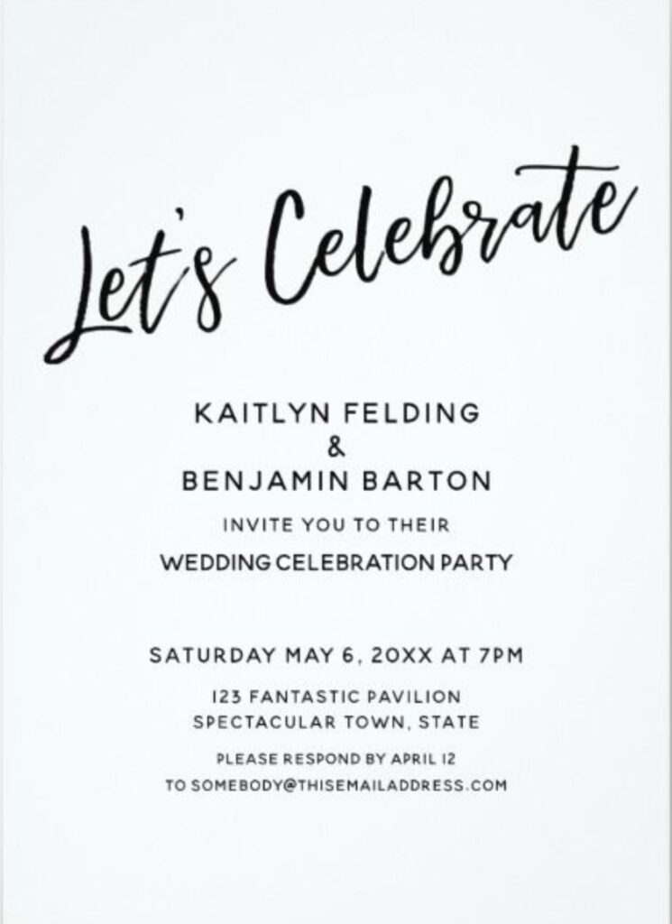 Small wedding venues near me Is Palafox Wharf Waterfront Wedding Venue in Pensacola FL with Let’s Celebrate Invitation in black lettering