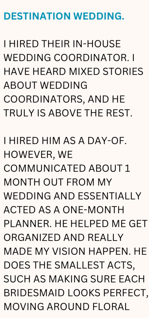 Destination wedding testimonial of bride Talking about coordinator