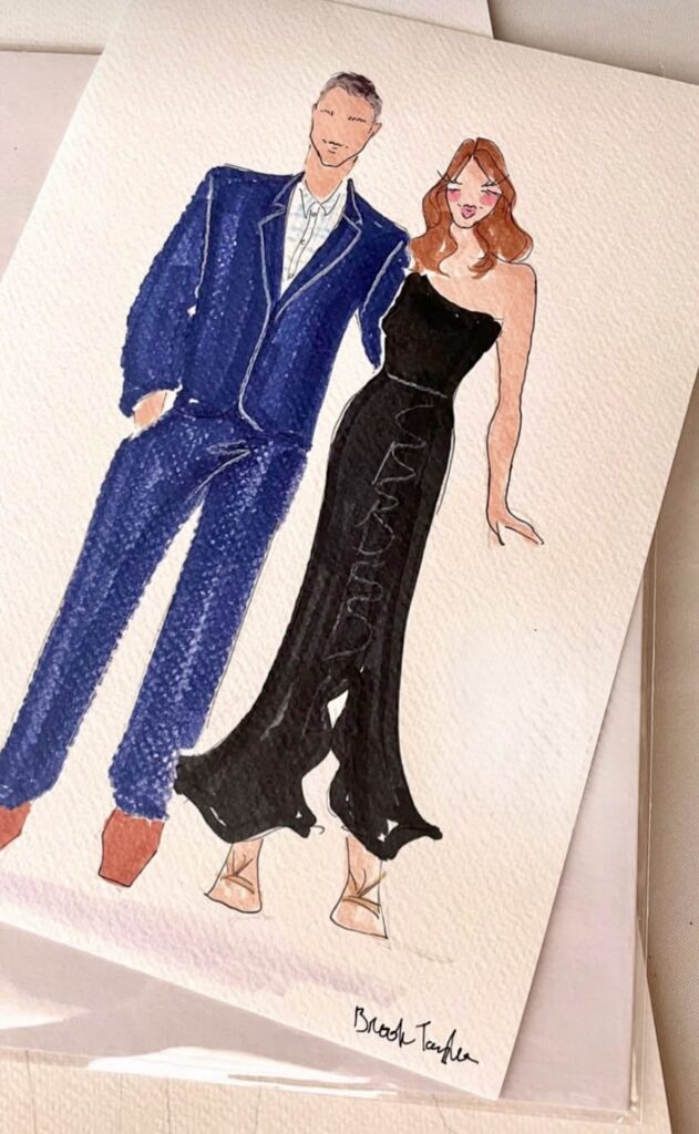 pensacola wedding venues near destin showing art work with male in blue suite and wife in black cocktail outfit drawn at wedding by a Sketch Artist