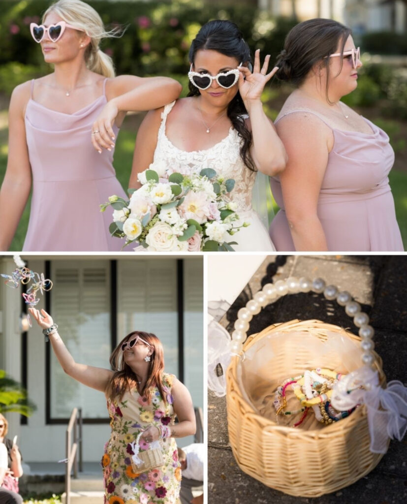 wedding reception venues pensacola near beach fl showing bride and her girls in heart shape sunglasses, a basket, and an adult flower girl throwing light weight bracelets