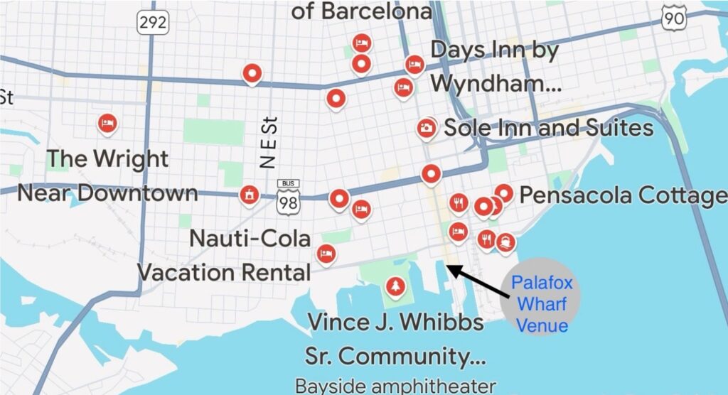 Downtown Pensacola wedding venues—map of top Airbnbs and vacation rentals near Palafox Wharf Waterfront, the #1 waterfront venue.
