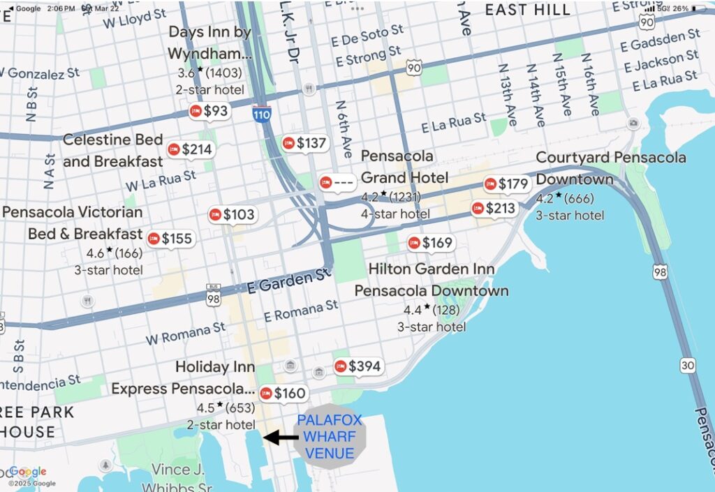 Map of top Pensacola hotels for wedding guests near Palafox Wharf Waterfront, premier waterfront wedding venue.