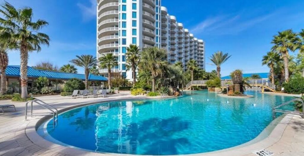 The Palms of Destin Resort—romantic honeymoon stay near top Pensacola Florida wedding venues, featuring pools and ocean views.