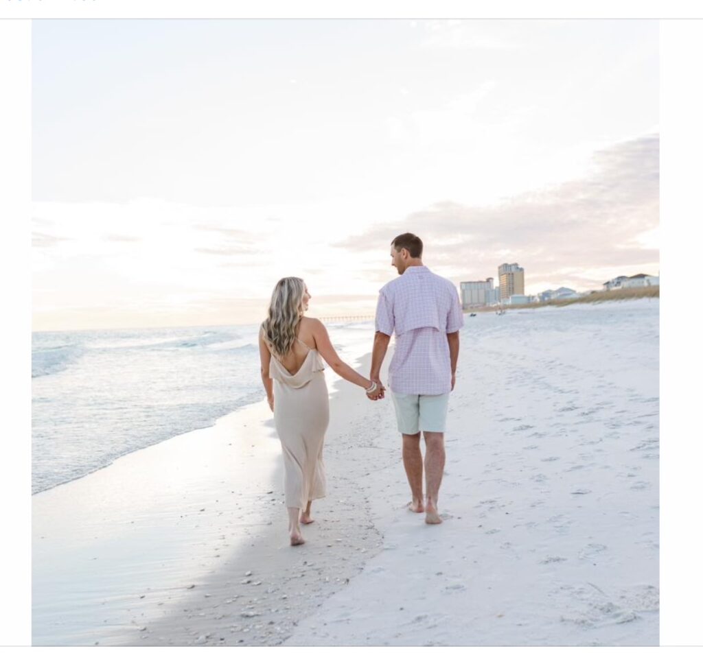 Beginning of the Sunset walking on the beach after their beach proposal at Henderson Beach.