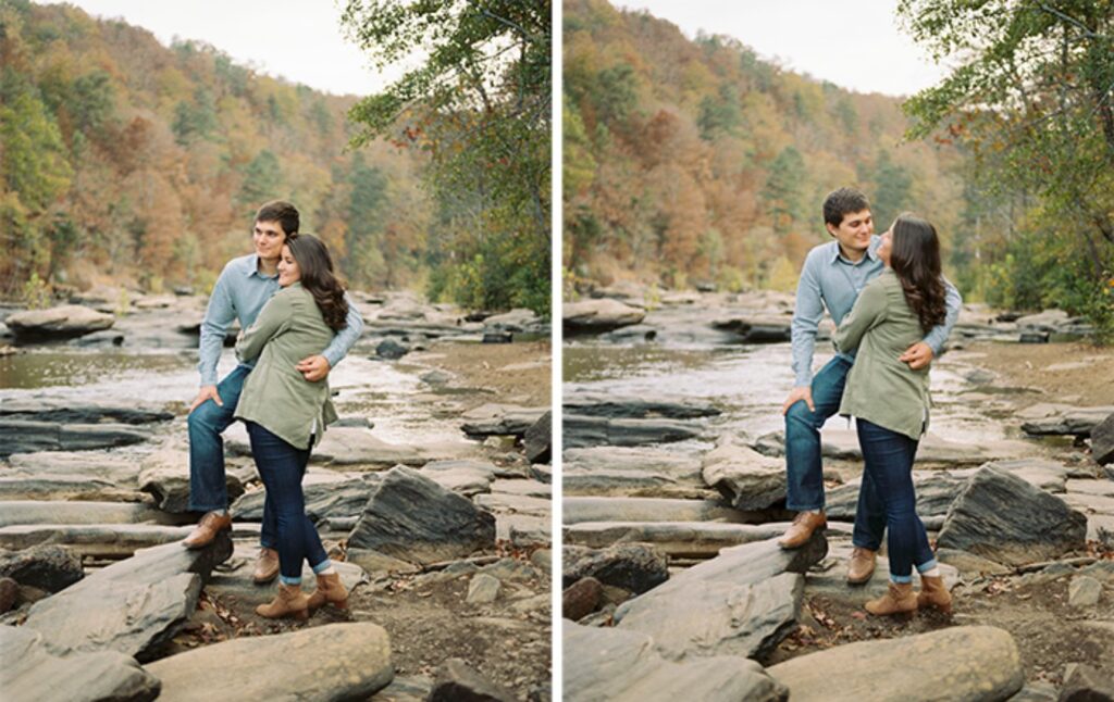 Couple just after a romantic proposal on the rocks at Sweetwater Creek State Park