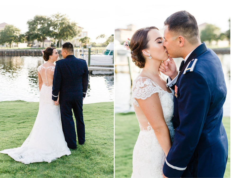 Waterfront Wedding Venues here with palafox wharf waterfront wedding venue with a military couple in Pensacola Florida  with him in his military dress and she in her white wedding dress.  This is 2 photos and one is kissing each other and the other is holding hands and talking in front of the water and boats with trees in the background