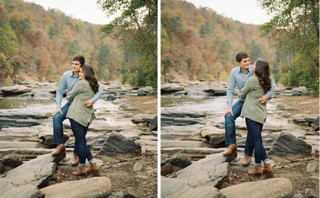 Couple celebrating a romantic proposal on the rocks at Sweetwater Creek State Park, inspiration near wedding venues Pensacola FL.