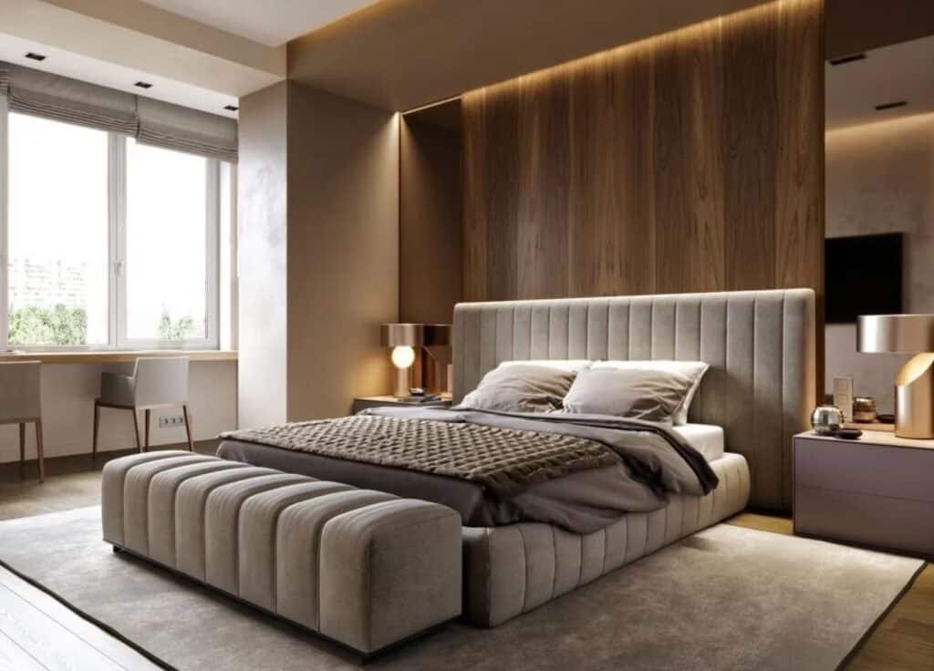 Couples maintenance showing bedroom with just seeing places to be married at wedding venue and now want to relax in their bedroom in neutral tones 