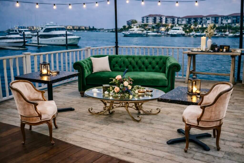 Wedding Places showing waterfront deck lounge station